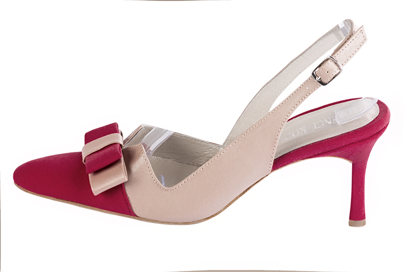 Raspberry red and powder pink women's dress pumps, with a knot on the front. Tapered toe. High slim heel. Profile view - Florence KOOIJMAN